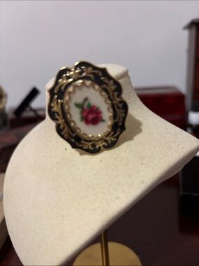 Vintage-Inspired Black and Gold Floral Cameo Brooch- Unbranded